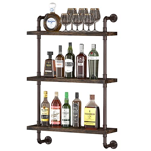 Pusdon Industrial Pipe Shelving Wall Mounted 24 Inch, 3 Tier Bathroom Floating Shelves Bronze Metal, Wood Hanging Storage Bookshelf, Heavy Duty Sturdy Rack For Home Office Garage Farmhouse Bar #TOP2