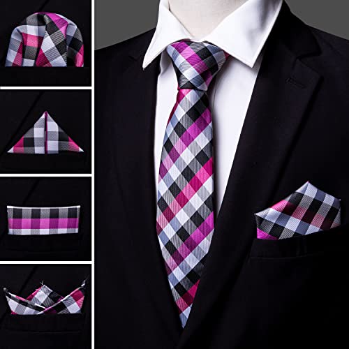 Image of Barry.Wang Mens Tie Set Plaid Check Neckties Formal Business Wedding Luxury Pocket Square Cufflinks