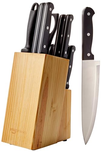 Amazon Basics 14-piece kitchen knife set with pinewood block, plastic triple-rivet handles, and high-carbon stainless steel blades | Mubboo