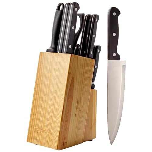 Amazon Basics 14-Piece Kitchen Knife Set with High-Carbon Stainless-Steel Blades and Pine Wood Block, Black