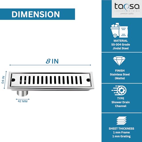 Image of Tapsa Wave Floor Drain Channel Chrome| 304 Stainless Steel | Invisible Shower Drain Channel | 8 x 4 Inches | Waste Water Floor Drain for 20x10 mm Tile | Drainer Channel | Anti Cockroach Trap | Silver