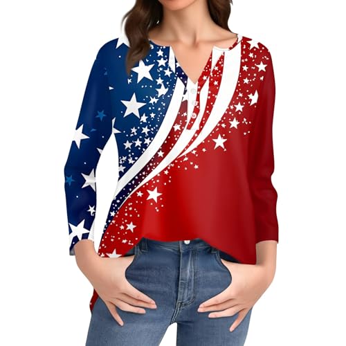 Image of 4th of July Shirts Women 3 /4 Length Sleeve Womens Tops Henley Neck Casual Patriotic T Shirts