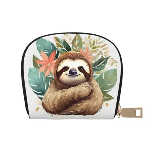 Cute Sloth Leaves Credit Card Holder Wallet, Leather Zipper Card Wallet For Women Ladies Rfid Blocking Card Case Small Coin Purse Accordion Wallet Gift