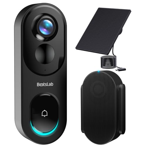 BOTSLAB 5MP Doorbell Camera Wireless with Solar Panel, 180° Panoramic View Video Doorbell, No Monthly Fee, 2.4 GHz WiFi, AI Motion Detection, VR Mode