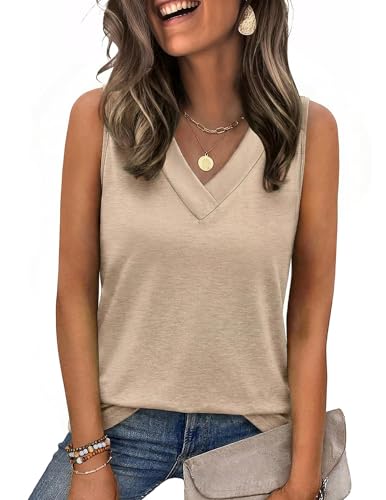 Zeagoo Women Summer Tank Top Loose Fit Sleeveless Casual Vest Tops Ladies V Neck Fashion Basic Tshirts Khaki S