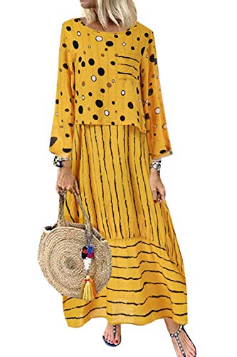 Yulinge Robe Longue Femme De Coton Et Lin des Boheme Manches Longues Chic Maxi Robe Été Femme Grande Taille Jaune 3XL Cover
