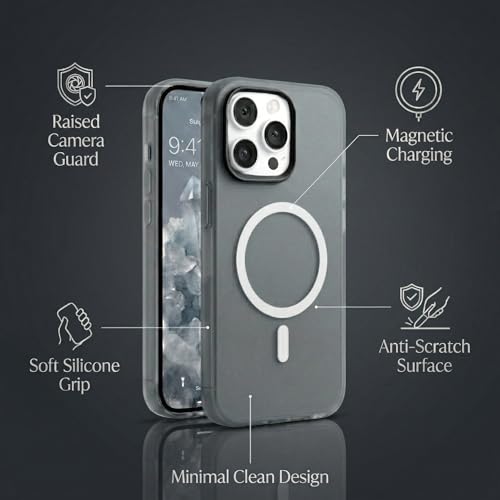 Image of amazon basics Luxury MagSafe Compatible Magnetic Case for iPhone 15 Pro | Soft Touch Matte Pastel Finish | Shockproof Back Cover with Camera Protection (Black)