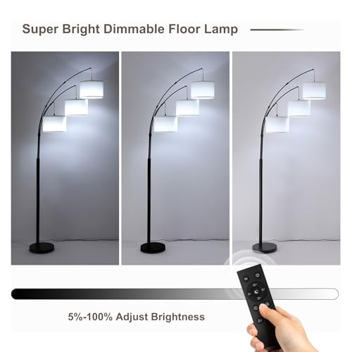 Image of Floor lamp with Remote, 3 Light Arc Floor Lamps for Living Room, 2400LM Tall Standing Floor Lamps with White Shades, 80 inch Large Floor Lamp for Bedroom, Office