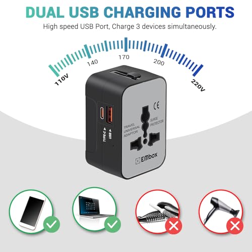 Image of Embox Universal Travel Adapter | All-in-One Worldwide Charger Adapter with Type C, USB & Type A Ports | Supports 224+ Countries | International Plug for Phone, Laptop, Gadgets (Black-Type C)