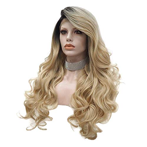 PINKSHOW Long Wavy Blonde Ombre Wigs for Women Dark Roots Ash Blonde Lace Front Wigs Ombre Blonde Golden Realistic Hairline Daily Party Heat Resistant Hair 26inch