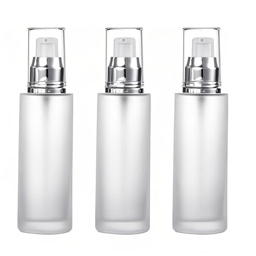 3Packs Transparent Cosmetic Container Jar Vials with Silver Cap Empty Refillable Frosted Glass Pump Bottles Travel Glass Lotion Bottle For Cosmetics, Lotion, Body Cream, Sanitizers, Cream 2oz