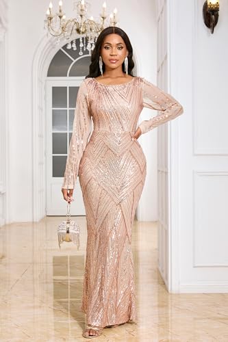 Image of VERWIN Women's Sequins Bodycon Round Neck Long Sleeve Sparkly Mermaid Maxi Dress for Casual Party Cocktail