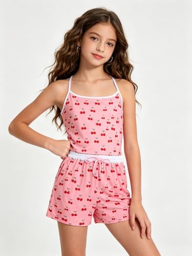 Image of Size 7-14Y Girls Clothes 2 Piece Outfits Striped Tank Top Drawstring Shorts Teen Girls Summer Clothing Sets