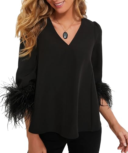 Women's Feather Blouse Party Top 3/4 Sleeve Cuff Casual V Neck Wedding Guest Cocktail Blouse T-Shirt Black