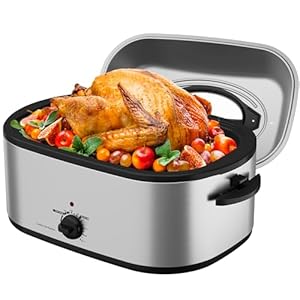 Roaster Oven 28 Quart, Electric Turkey Roaster with Self-Basting Lid, Removable Pan & Rack, Variable Temp Control, Stainless Steel Silver