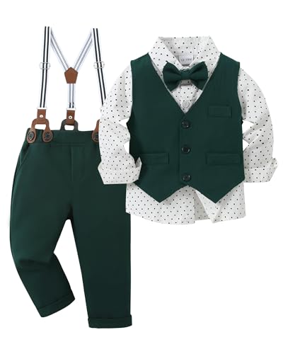 Image of YUEMION Toddler Baby Boy Clothes Suits Gentleman Dress Shirt+Bowtie+Vest+Suspender Pants Boy Formal Wedding Outfits Set 1-5T
