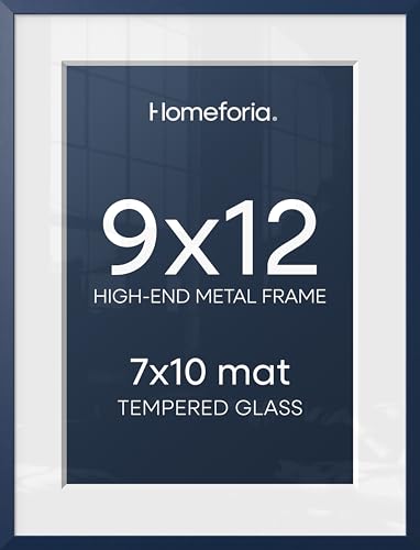 Image of Homeforia 9x12 Navy Blue Frame, High End Metal 9 x 12 Picture Frames with Mat 7 by 10 inch Photo, 9by12 Poster Frame Matted to 7x10 Art, 12x9 Wall or Tabletop Frame, Tempered Glass, Wall Kit, Set of 2