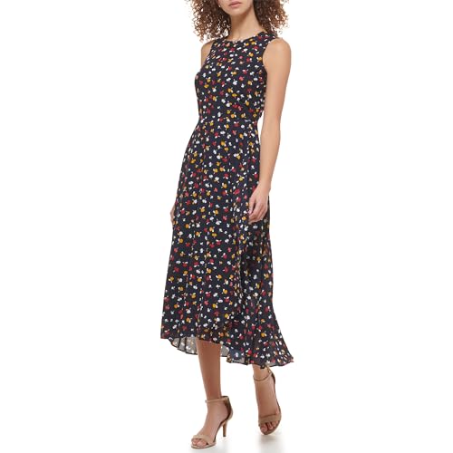 Image of Tommy Hilfiger Women's Sleeveless Keyhole Neck Chiffon Belted Hi-Lo Midi Dress