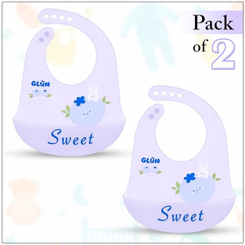 Image of GLUN Pack of 2 Soft Feeding Bibs with Bowl, Cute Sweet Rabbit Print for Growing Champs, Easily Wipes Clean, Comfortable Soft Baby Bibs, Less Time Cleaning after Meals for Babies