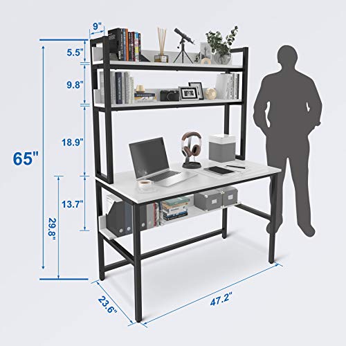 Computer Desk with Hutch, White Space Saving Desk with 3 Tier Bookshelves, (65 inch Height) Home Office Metal Black Legs Table with Upper Storage Shelves for Study Writing/Workstation, Easy Assemble