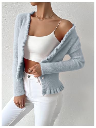 MakeMeChic Women's V Neck Sweater Cardigans Button Down Ruffle Long Sleeve Knit Outerwear2