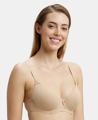 Image of Jockey 1245 Women's Under-Wired Padded Super Combed Cotton Elastane Stretch Medium Coverage Multiway Styling T-Shirt Bra with Detachable Straps