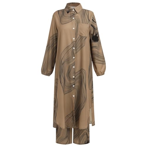 Image of IDOPIP Abaya Dress for Women Muslim Set Long Sleeve Chiffon Islamic Dress Shirt with Pants 2PCS Dubai Prayer Casual Clothes