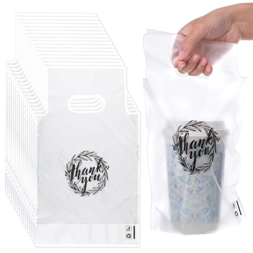 1000 Count Thank You Handle Drinking Bags 1 Cup Handle Drink Carriers Plastic Packaging Poly Bags for Delivery Take Out Cup Holder Beverage Coffee Juice Milk Tea Stores, 11 x 6.3 Inch