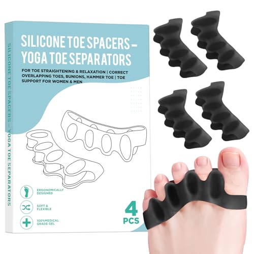 Image of 4 Pcs Silicone Toe Spacers - Yoga Toe Separators for Toe Straightening & Relaxation | Correct Overlapping Toes, Bunions, Hammer Toe | Toe Support toe separators for Women & Men (Black, 5.5)