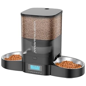 HoneyGuaridan 3.5L Automatic Cat Feeder for Two Cats, Cat Food Dispenser with Stainless Steel Bowl,Timed Cat Feeder Programmable 1-6 Meals Control, Dual Power Supply,10s Meal Call Black