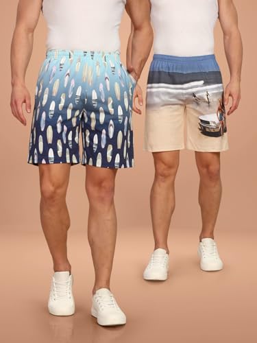 Image of BULLMER Regular Fit Cotton Blend Summer Shorts for Men - Pack of 2 | Printed Shorts for Men Blue /Beige