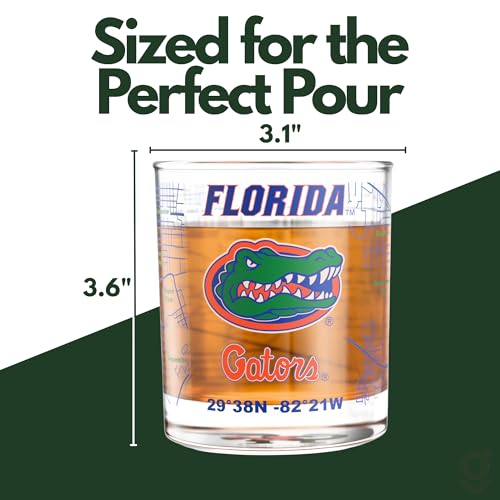 Image of Greenline Goods University of Florida Gators Whiskey Glasses Set of 2, 10 oz Rocks Glasses with Full-Color Logo & Campus Map - Officially Licensed Bourbon Glass Gift for Alumni & Fans