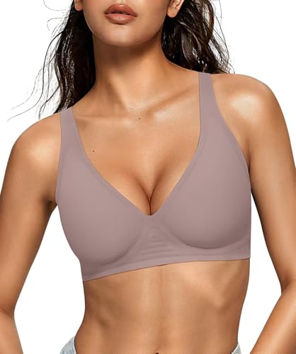 Image of OEAK Womens Deep V Bras Wireless Comfortable Bra Supportive No Underwire Bras Tshirt Push Up Bralettes Plunge Seamless Bra Grey M