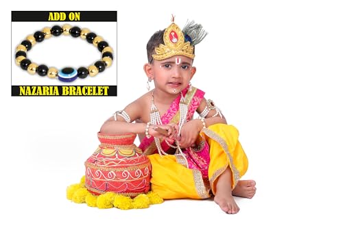 Image of Krishna Dress for Kids, Baby Krishna Dress for Janmashtami with Krishna Mukut, Peacock Feather & Flute Embroidered Krishna Costume for Girl & Boy, 3 Months-8 Years