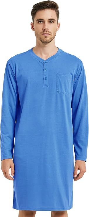 Mucwer Men's Cotton Long Sleeve Nightshirts （46in-48in）,Long Sleeve Nightgown With Kangaroo Pocket（S～4XL）