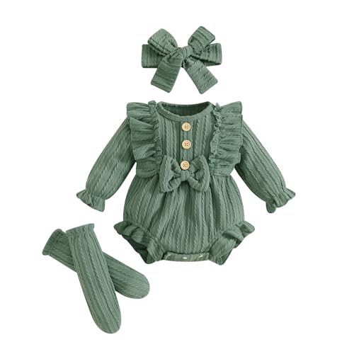 Image of ZAXARRA Newborn Baby Girls Clothes Long Sleeve Button Front Ruffle Romper Socks Headband 3Pcs Set Fall Winter Outfits