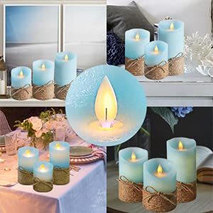 Image of Ocean Blue Flameless Candles, Nautical Themed Led Pillar Candles with Remote & Timer, Decorative Flickering Candles for Gifts, Party, Wedding, Home Decorations - Set of 3