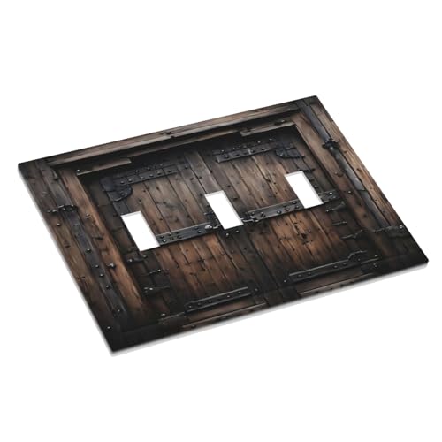Decorative Light Switch Cover Plate Retro Brown Wood Barn Door Vintage Farmhouse 3 Gang Wall Plate Oversized Triple Toggle Switch Cover Plate Jumbo Faceplate