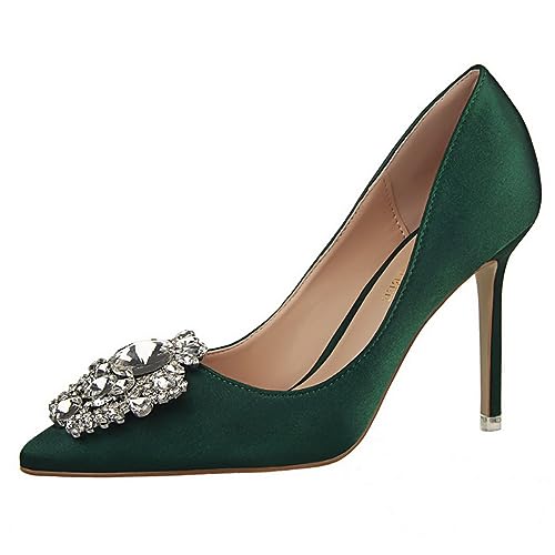 JOEupin Womens Rhinestone Satin Pumps Evening Party High Heel Pumps Wedding Bridal Stilettos Shoes