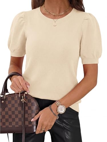 Image of PRETTYGARDEN Womens Sweaters Spring 2026 Summer Puff Short Sleeve Sweater Trendy Cute Knit Work Blouses Business Casual Tops