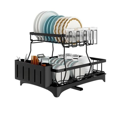 Dish Drying Rack for Kitchen Counter, 2 Tier Dish Racks with Drainboard Set, Detachable Large Dish Drainer with Utensils Holder, Dish Racks with Drain Board, Black
