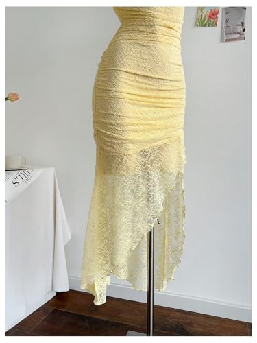 GORGLITTER Women's Lace Strapless Bodycon Maxi Dress Backless Sleeveless Asymmetrical Summer Graduation Prom Sundresses4