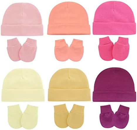 PythJooh Newborn Baby Hats and Mittens Set, Infant Baby Girl Boy 6 PCs Cotton Hospital Nursing Hats with 6 Pairs Anti-Scratch Mittens Set for 0-6Months