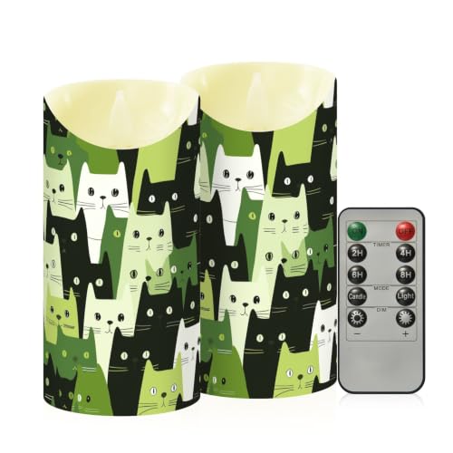 Velas sin llama para Año Nuevo con lindos dibujos de gatos en verde 2