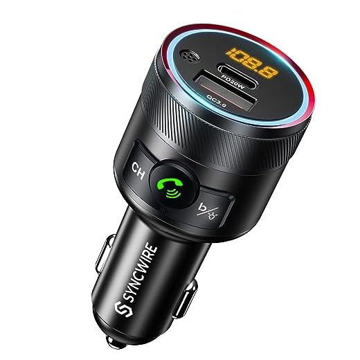 Syncwire Bluetooth 5.1 FM Transmitter for Car, 38W PD & QC3.0 Fast Car Charger Wireless Bluetooth FM Radio Adapter Bass Sound Music Player FM Car Kit with Hands-Free Calling Support USB Drive