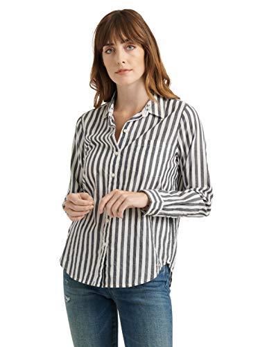Lucky Brand Women's Long Sleeve Button Up Stiped Classic One Pocket Shirt, Navy Multi, L