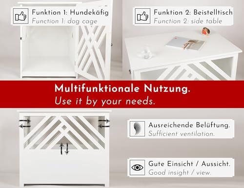 WONDERMAKE® Design Hundekäfig aus Holz für Zuhause Wohnung mit Beistelltisch, Hundebox fürs Wohnzimmer Indoor, 90x60 cm weiß