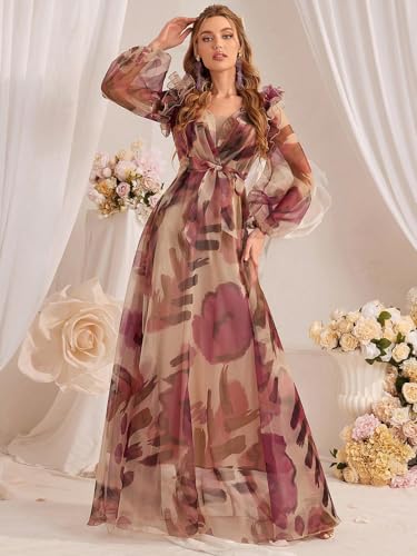 Image of TOLEEN Summer Casual Dresses for Women 2024 Spring Fashion Boho V Neck Long Sleeve Ruffle Floral Print Elegant Maxi Dress