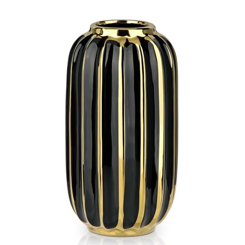 Briful Gold Plated Lantern Ceramic Vase Home Decor Creative Design Porcelain Decorative Flower Vase 8.66'' Black Ceramic Vases for Wedding Anniversary Decoration