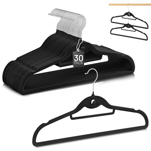 Velvet Stackable Hangers 30 Pack, STOPKLAS Black Clothes Hanger Non Slip Felt Hangers with...